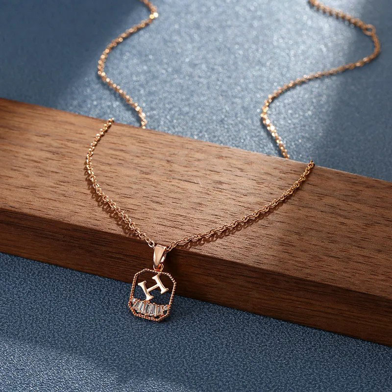 Rose Gold H, Zircon Inlaid Necklace