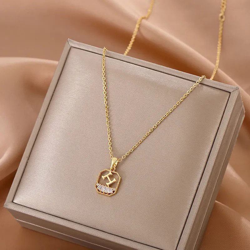 Gold H, Rhinestone Inalid, Stainless Steel Necklace