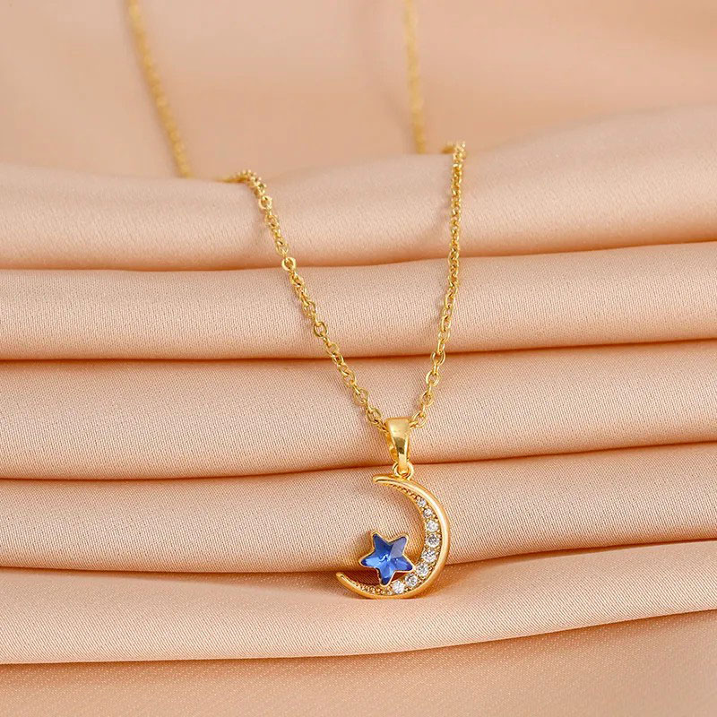 Sapphire Moon, Zircon Inlaid, Stainless Steel Necklace