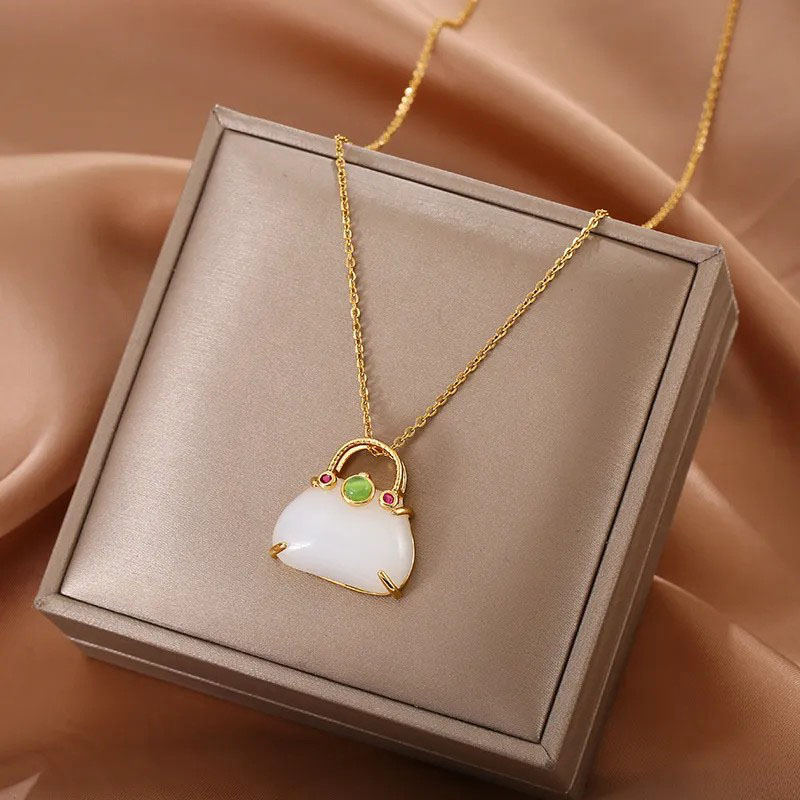 White Jade Bag, Stainless Steel Necklace