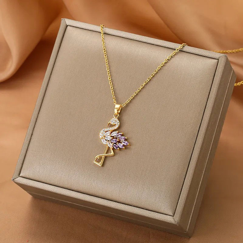 Flamingo, Zircon Inlaid, Stainless Steel Necklace