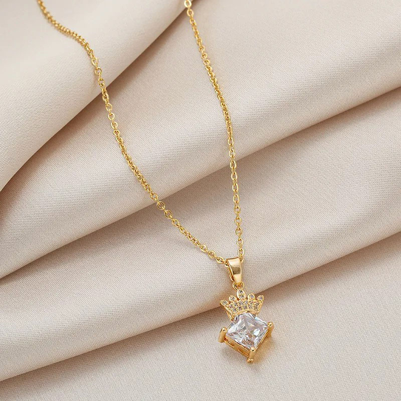 Square Diamond Crown, Stainless Steel Necklace