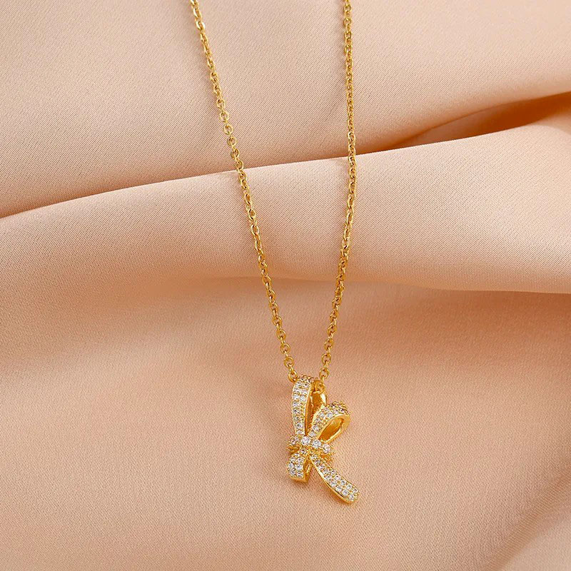 Niche Bow, Rhinestone Inlaid, Steel Necklace