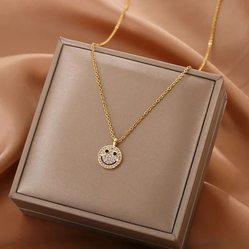 Golden Smile, Zircon Inlaid, Stainless Steel Necklace