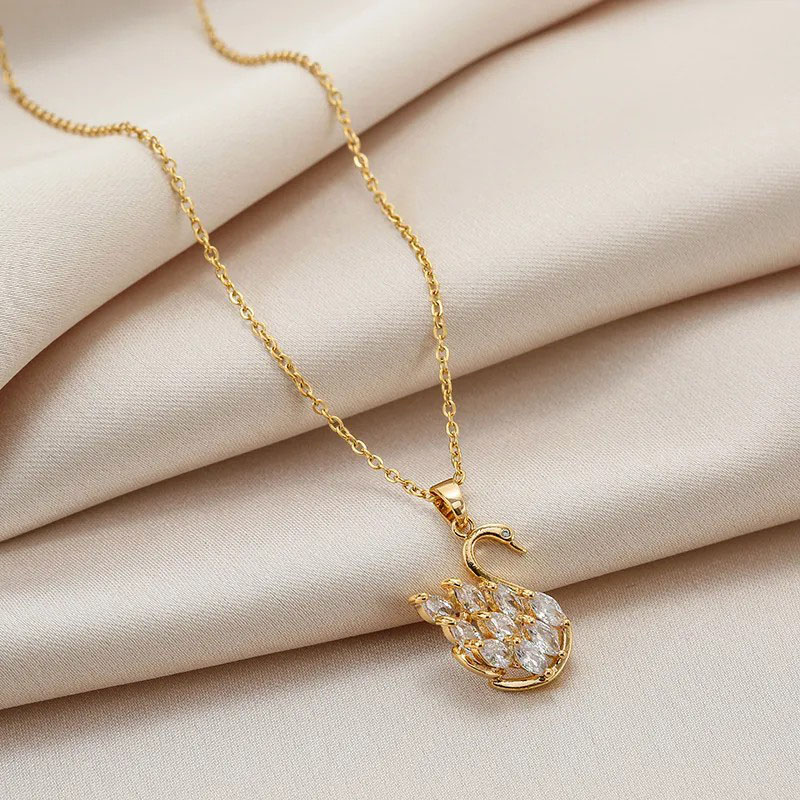 Little Swan, Zircon Inlaid, Stainless Steel Necklace
