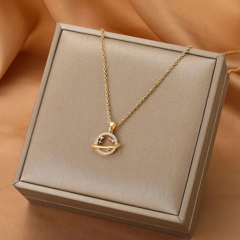 Smiley Planet, Zircon Inlaid, Steel Necklace