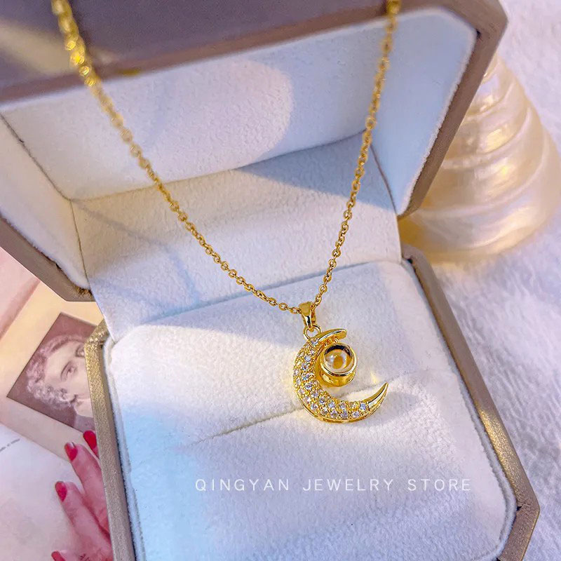 Projection Moon,Zircon Inlaid, Stainless Steel Necklace