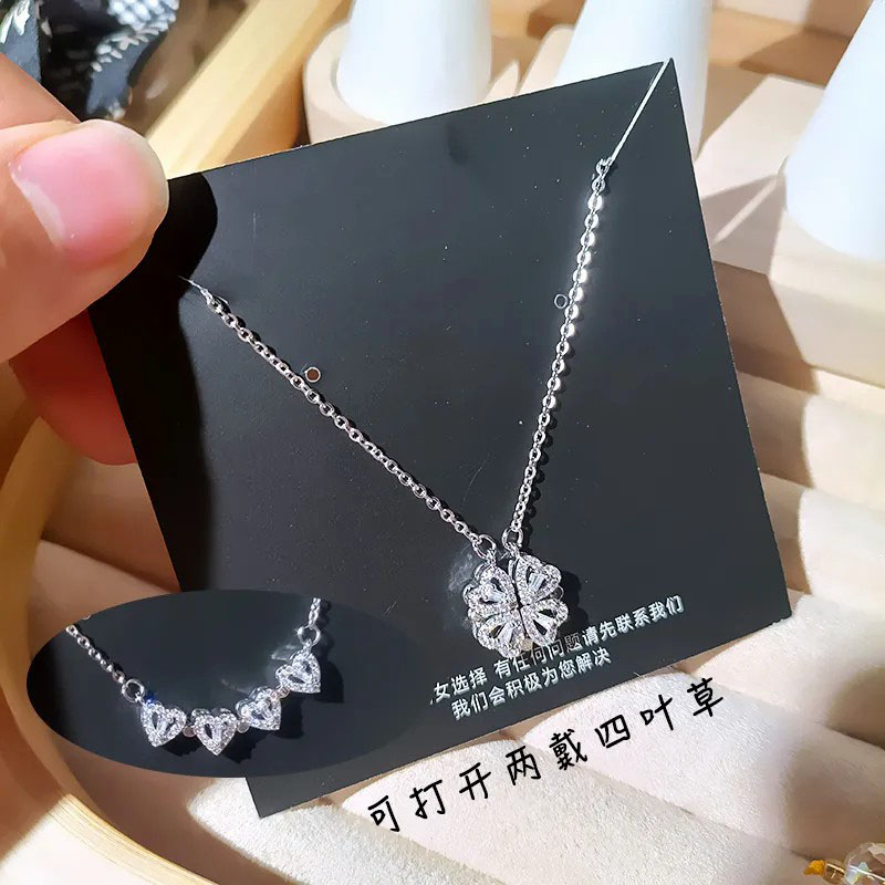 Four-Leaf Clover, Rhinestone Inlaid, Stainless Steel Necklace