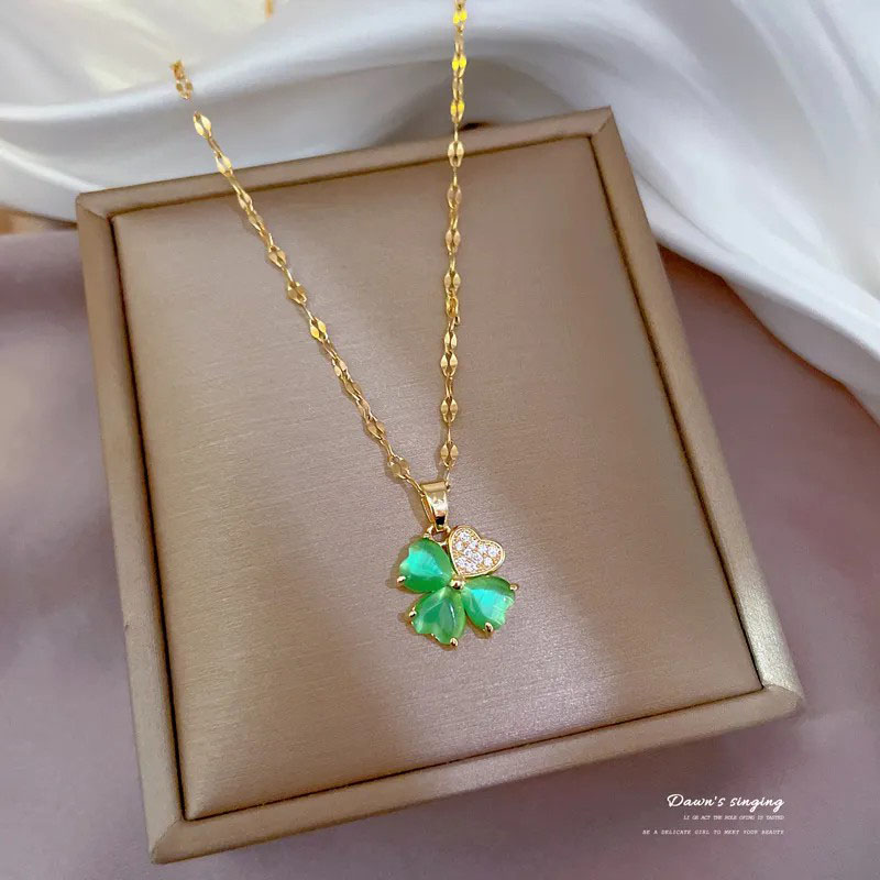Four Leaf Clover, Zircon Inlaid, Stainless Steel Necklace