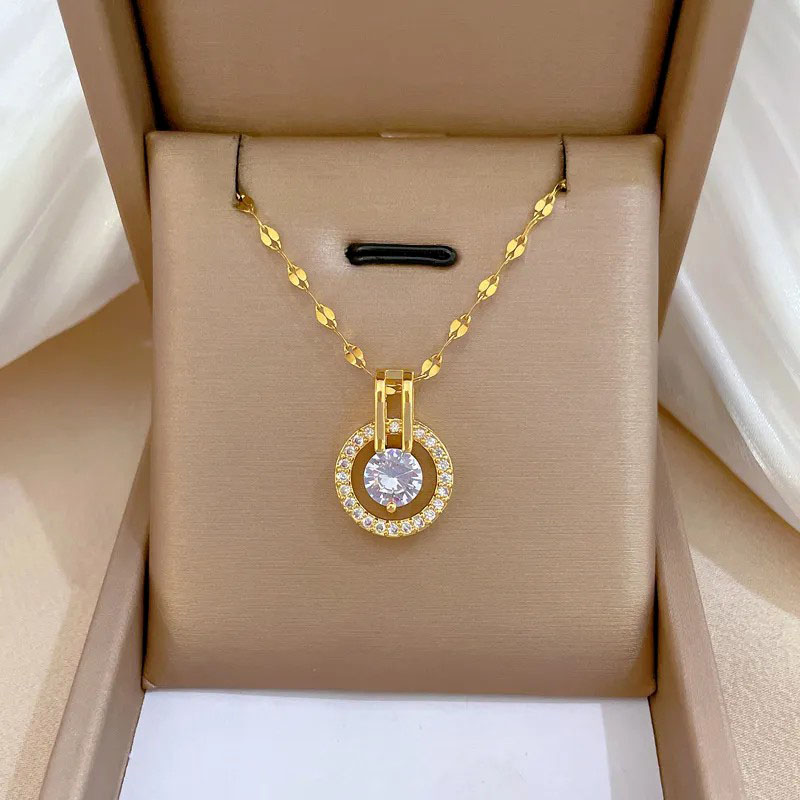 round, Rhinestone Inlaid, Stainless Steel Necklace