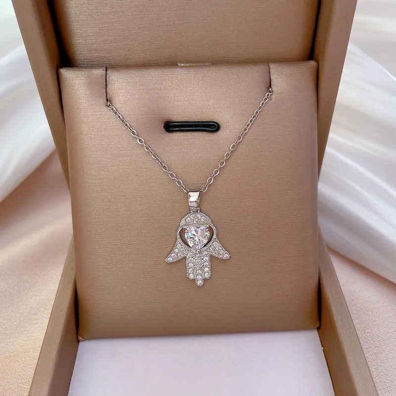 palm, zircon inlaid, stainless steel necklace