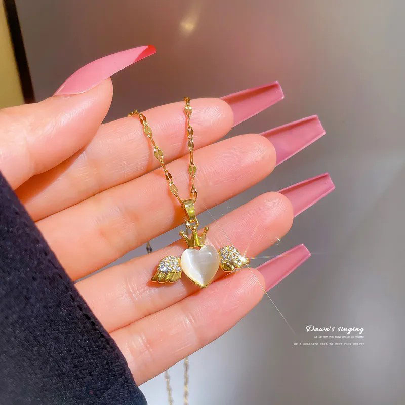 heart, crown, wings, stainless steel neckalce