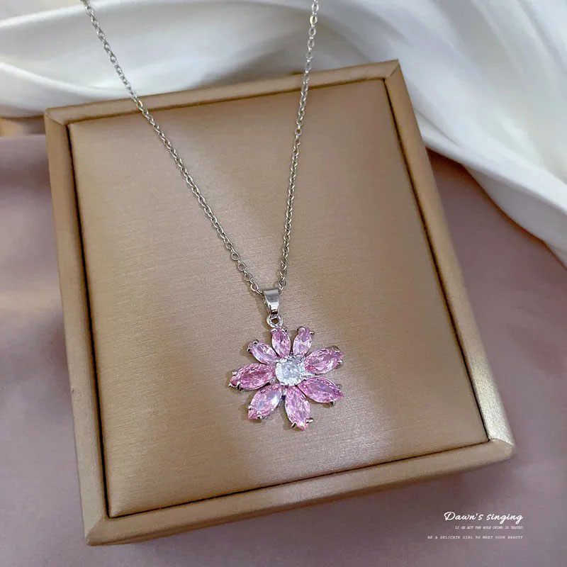 pink zircon, flower, pendent necklace