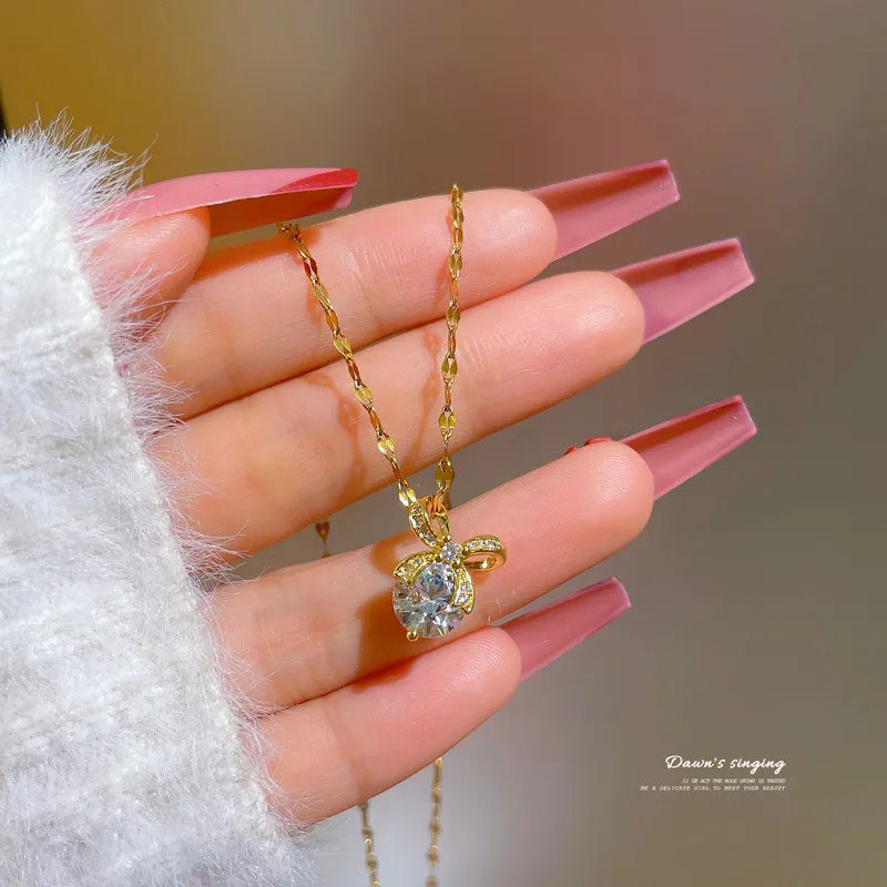 bow knot, zircon, stainless steel necklace