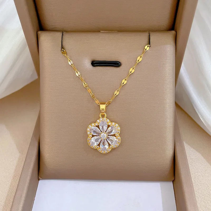 Flower Zircon Inlaid Pendant Titanium Steel Necklace