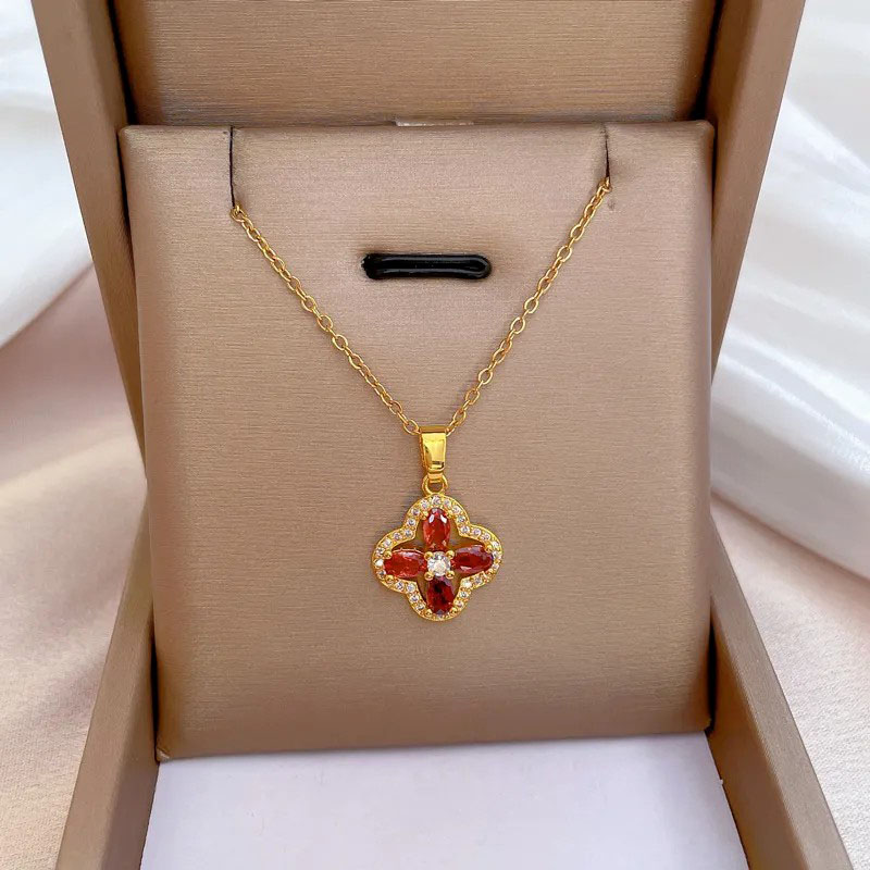 ruby inlaid, four-leaf clover, stainless steel necklace
