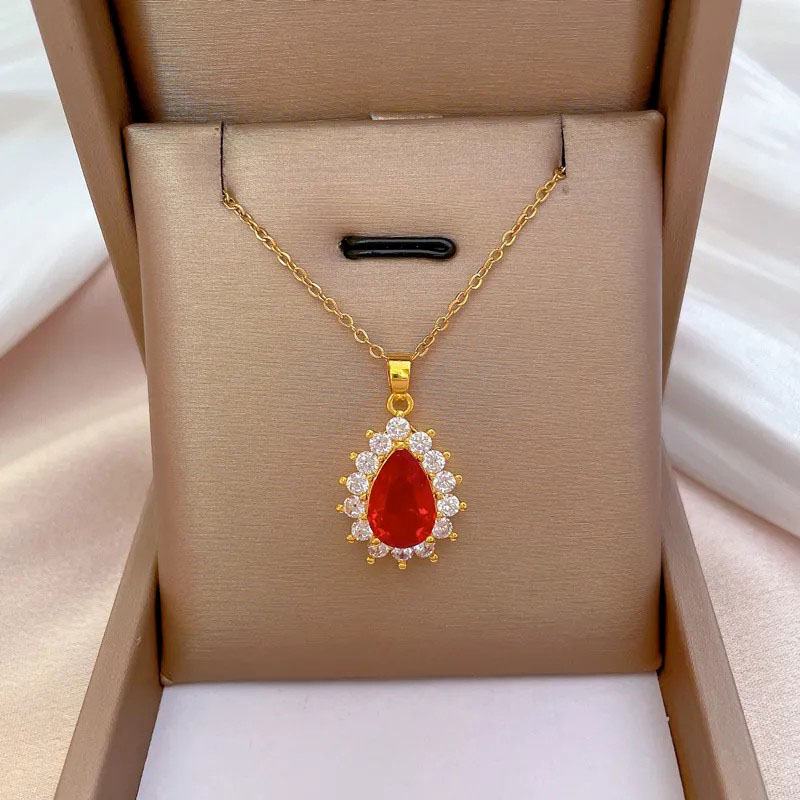 zircon inlaid, drop shaped, stainless steel necklace