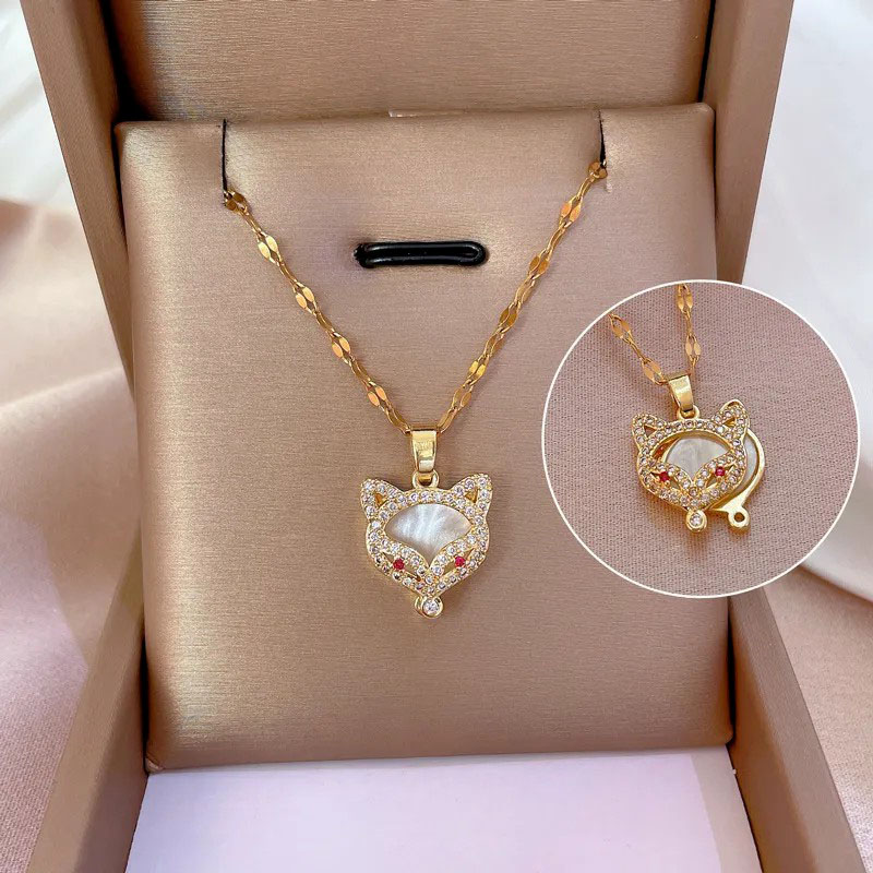 rotatable fox, zircon inlaid, stainless steel necklace