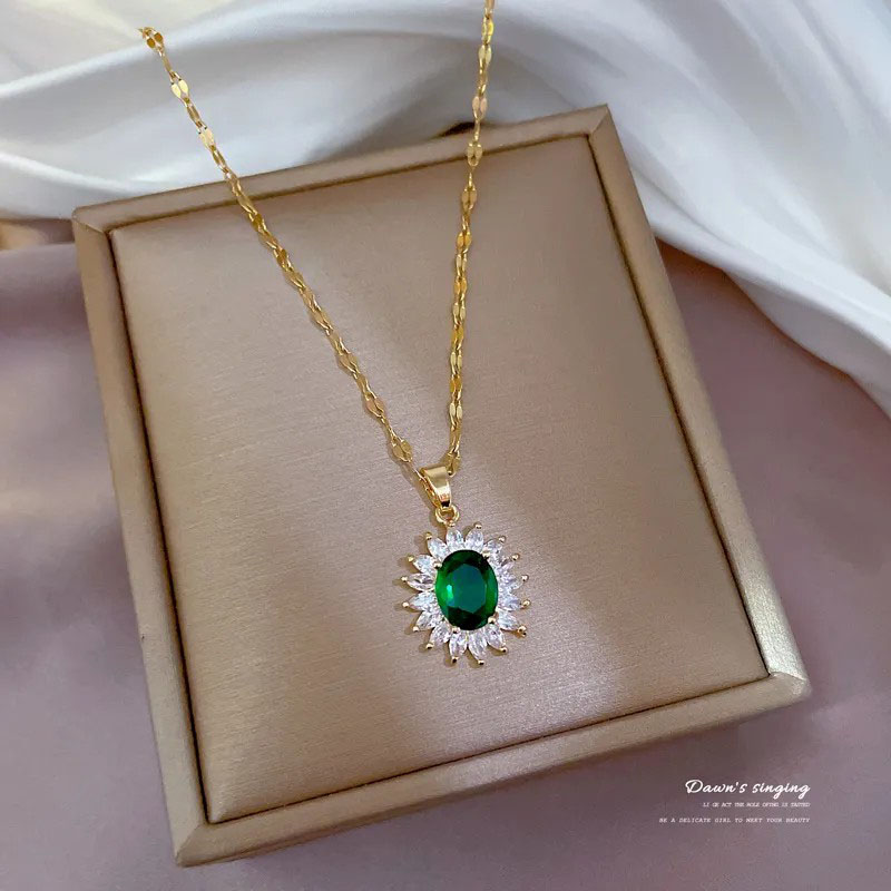 sunflower, rhinestone inlaid, steel necklace