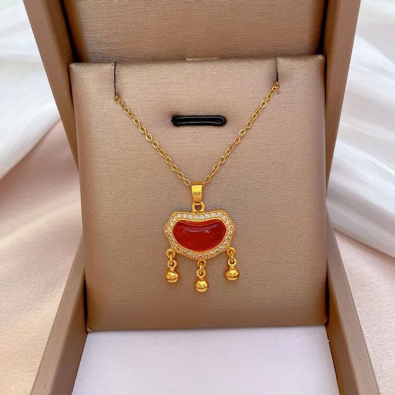 longevity lock, ruby inlaid, stainless steel necklace
