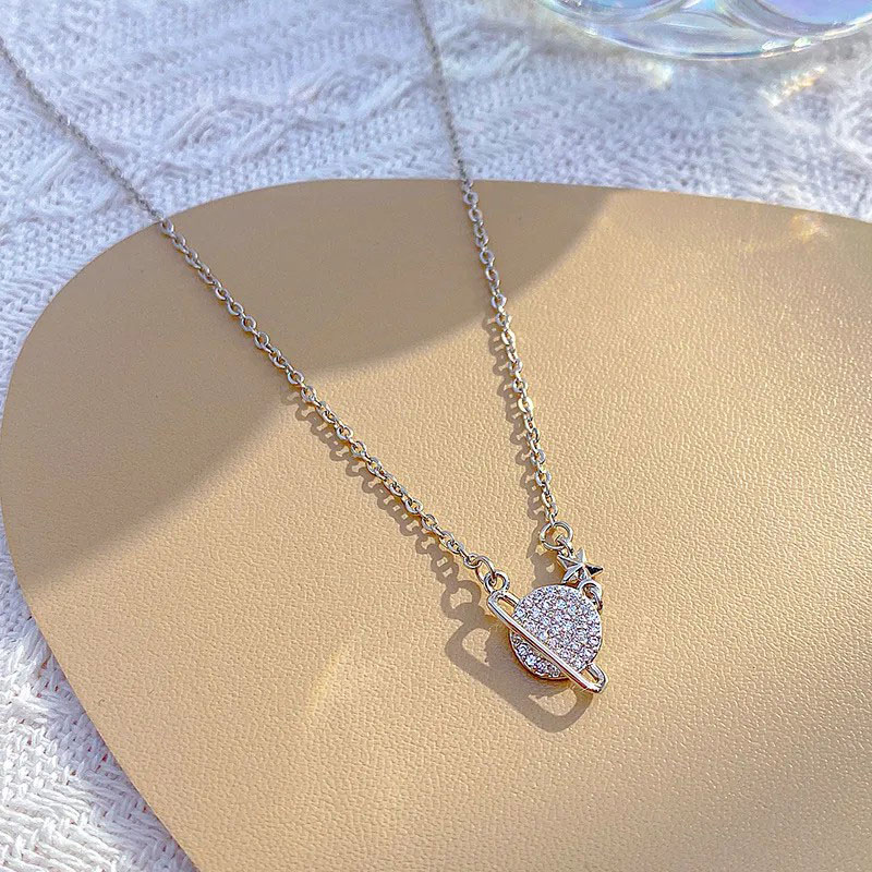 Asteroid Planet, Rhinestone Inlaid, Stainless Steel Necklace