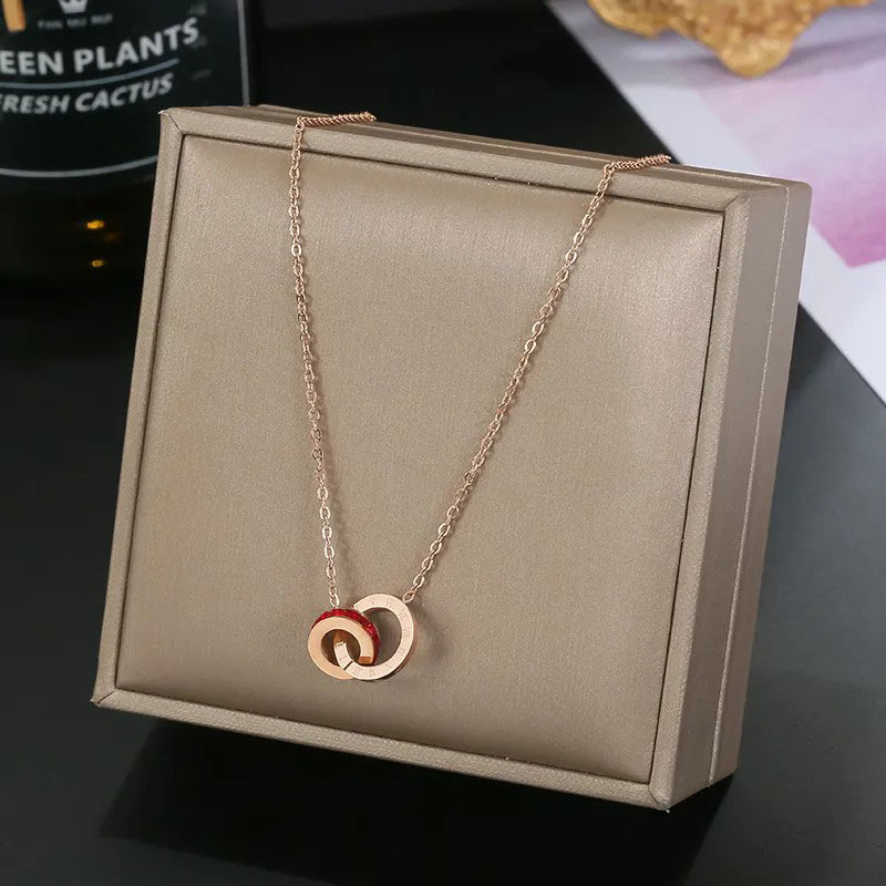 Roman Double Ring Red, Stainless Steel Necklace