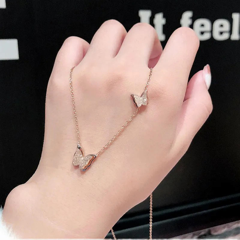 Double-Layer, Frosted Butterfly, Stainless Steel Necklace