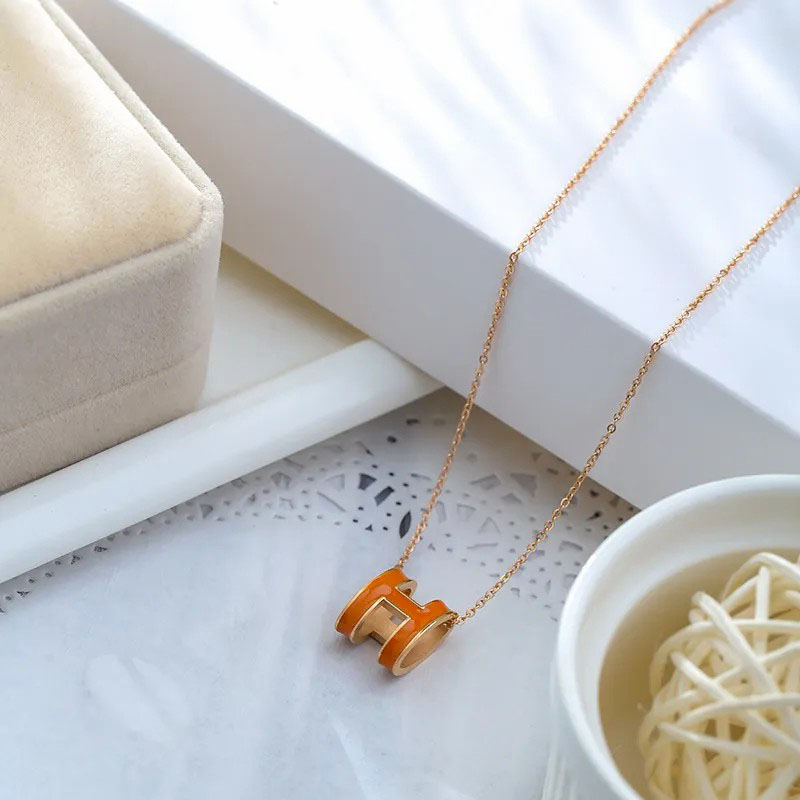 Enamel Orange Letter H, Stainless Steel Necklace