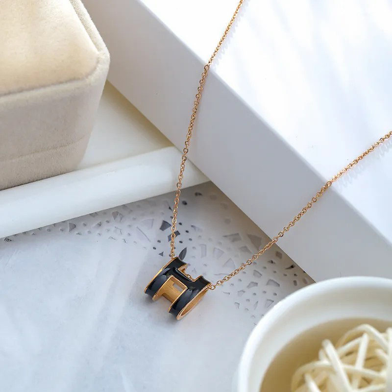 Black Enamel H, Pendent Necklace