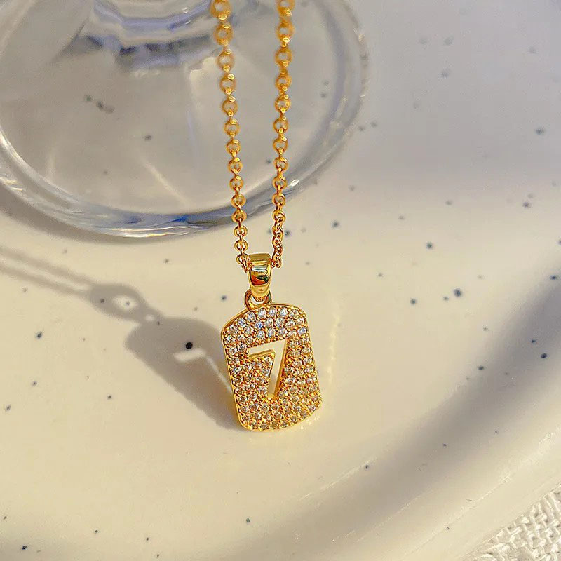 No. 7, Full Diamond, Number Card, Steel Necklace