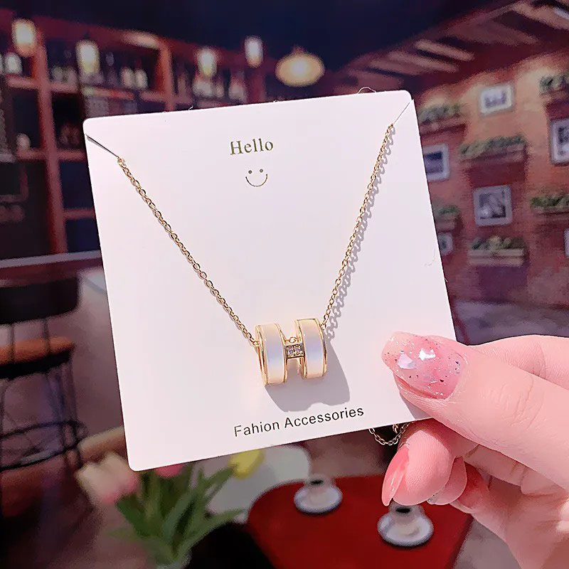 Gold H, Shell Inlaid, Stainless Steel Necklace