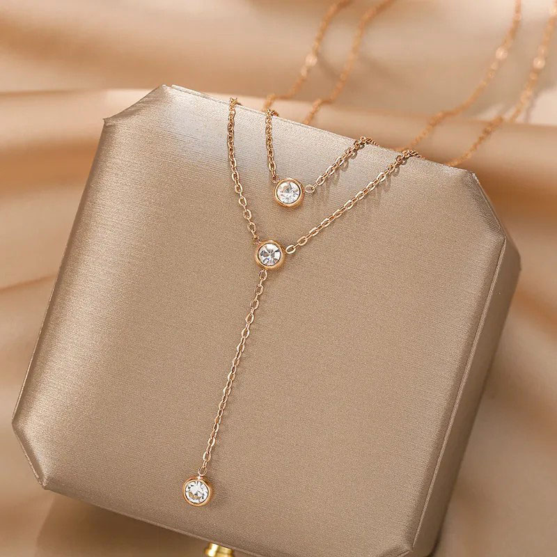 Double-Layer, Three-Diamond, Tassel Necklace 