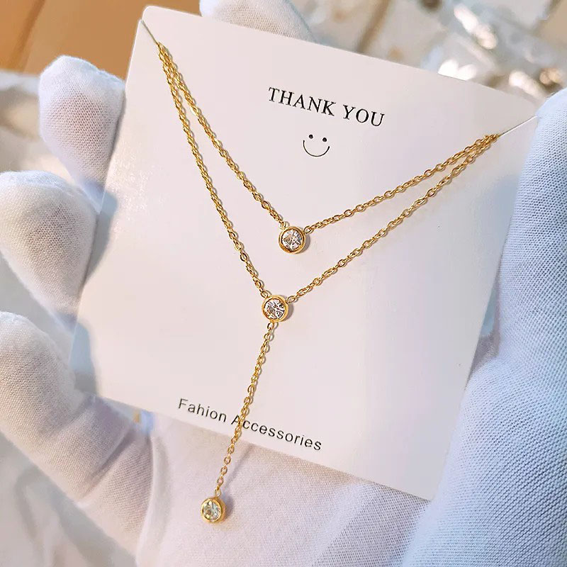 Double-Layer, Three-Diamond, Tassel Necklace 