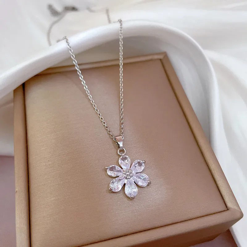 zircon inlaid, flower, pendent stainless steel necklace