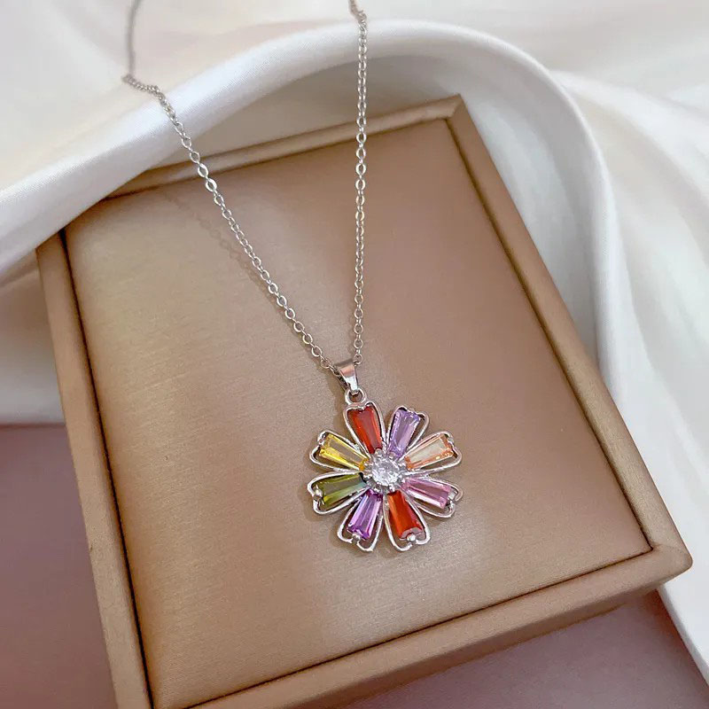 colorful zircon inlaid, flower, stainless steel necklace