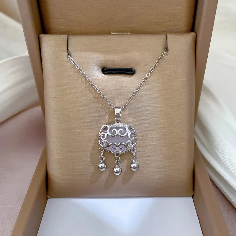 Rhinestone Inlaid, Longevity Lock Pendent, Titanium Steel Necklace
