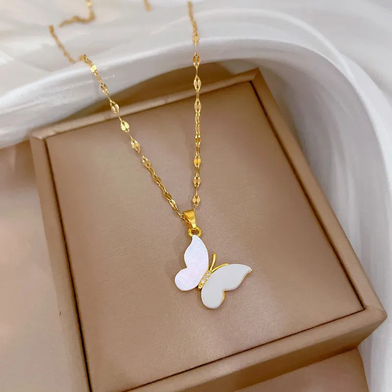 Butterfly, Shell Inlaid, Stainless Steel Necklace