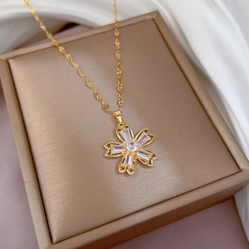 Zircon Inlaid, Flower Pendent, Stainless Steel Necklace