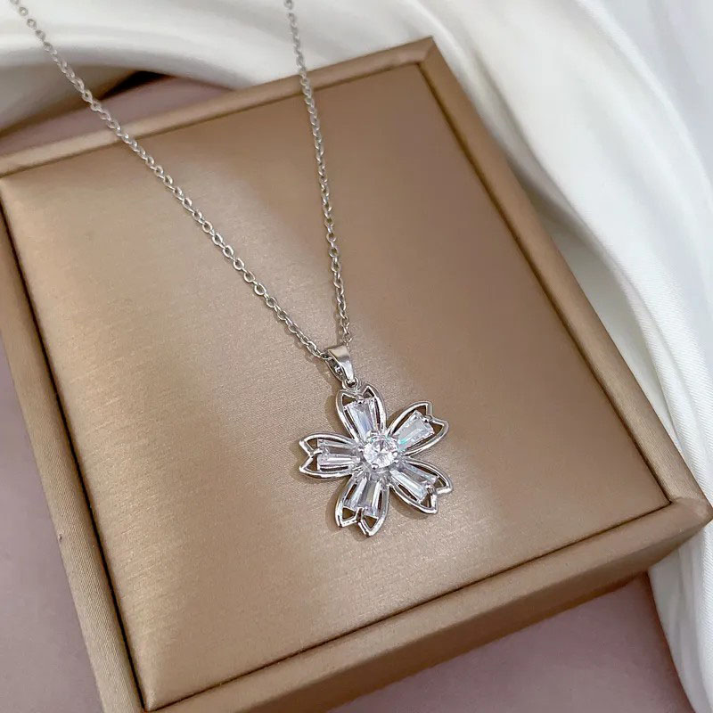Zircon Inlaid, Flower Pendent, Stainless Steel Necklace
