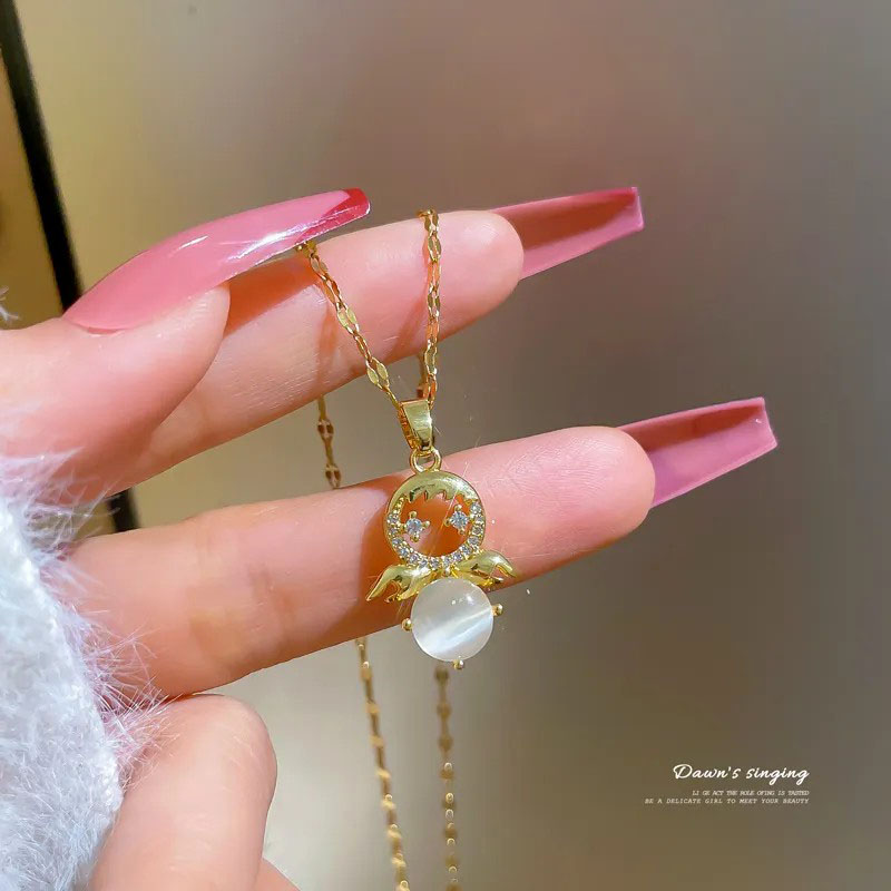 Zircon Inlaid, Angel, Stainless Steel Necklace