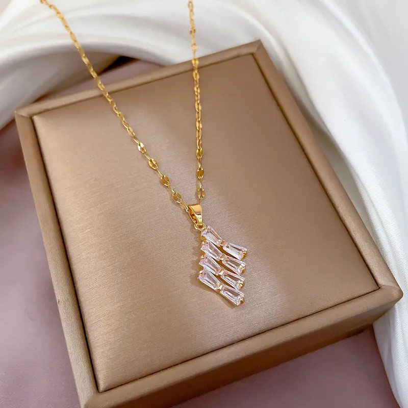 Zircon Inlaid, Stainless Steel Necklace
