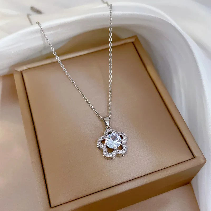 Zircon Inlaid, Flower Pendent, Stainless Steel Necklace