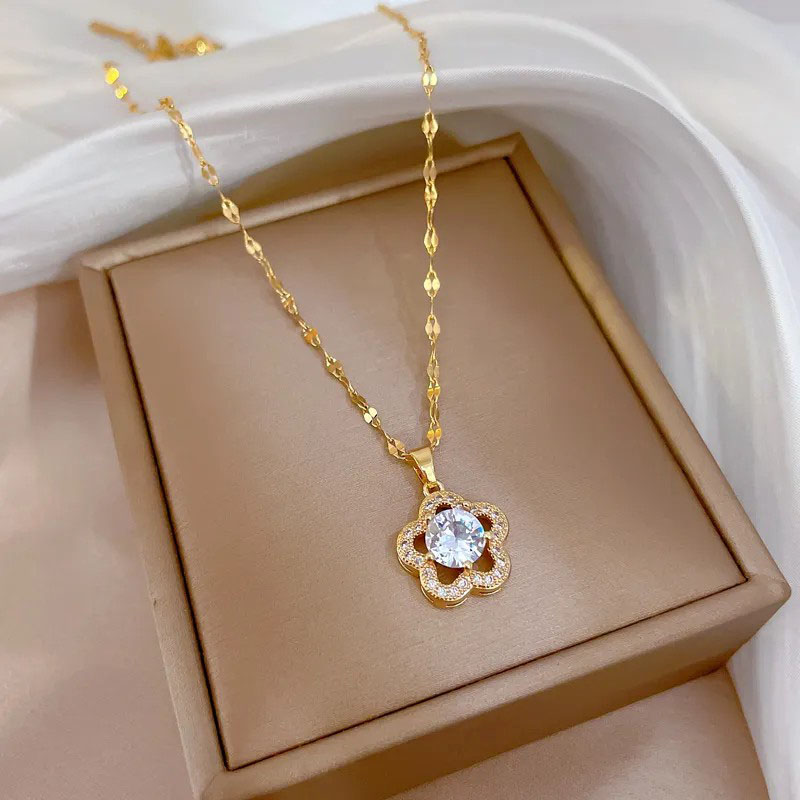 Zircon Inlaid, Flower Pendent, Stainless Steel Necklace