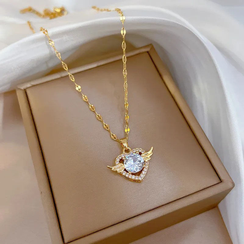 Zircon Inlaid, Stainless Steel Necklace