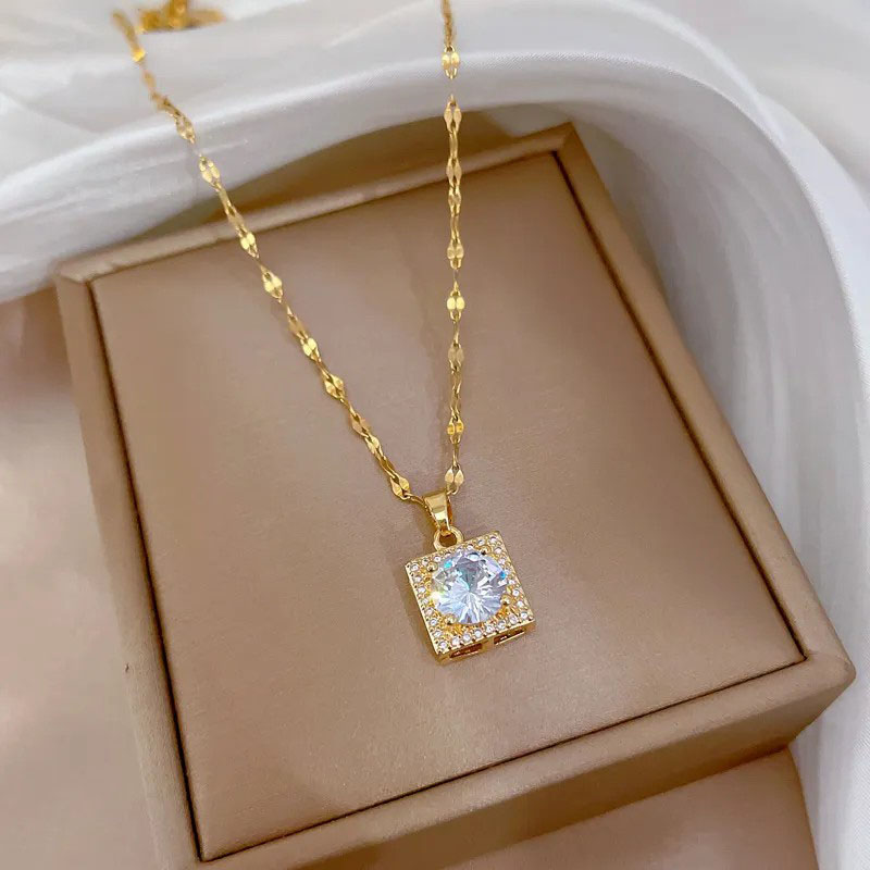 Square, Zircon Inlaid, Stainless Steel Necklace