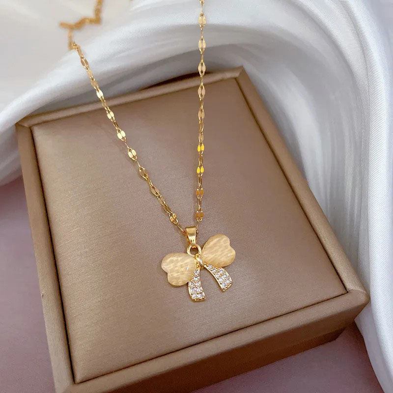 Zircon Inlaid, Bowknot Pendent, Stainless Steel Necklace