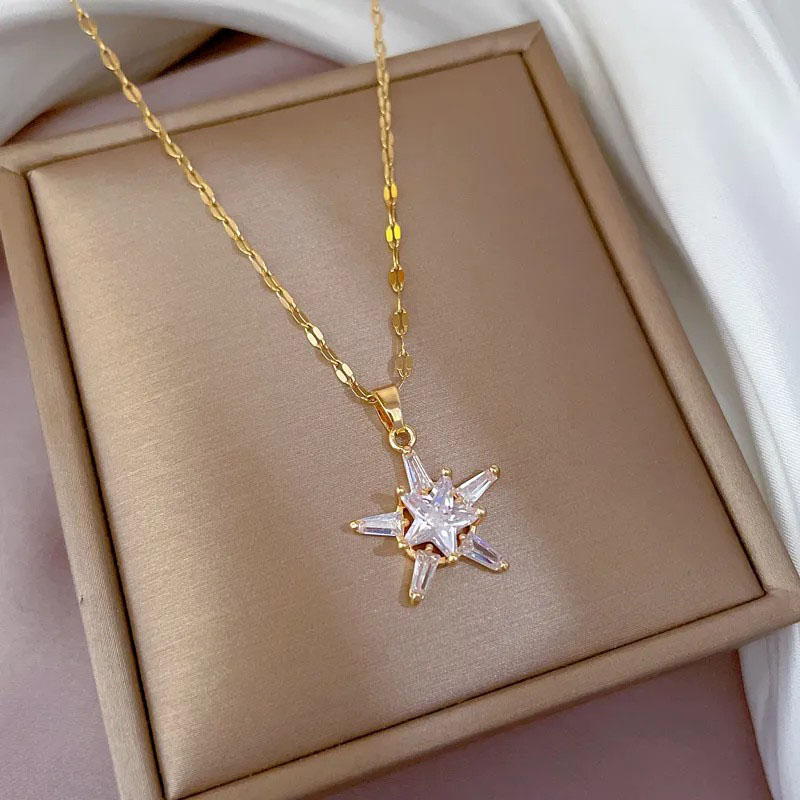 Star, Zircon Inlaid, Stainless Steel Necklace
