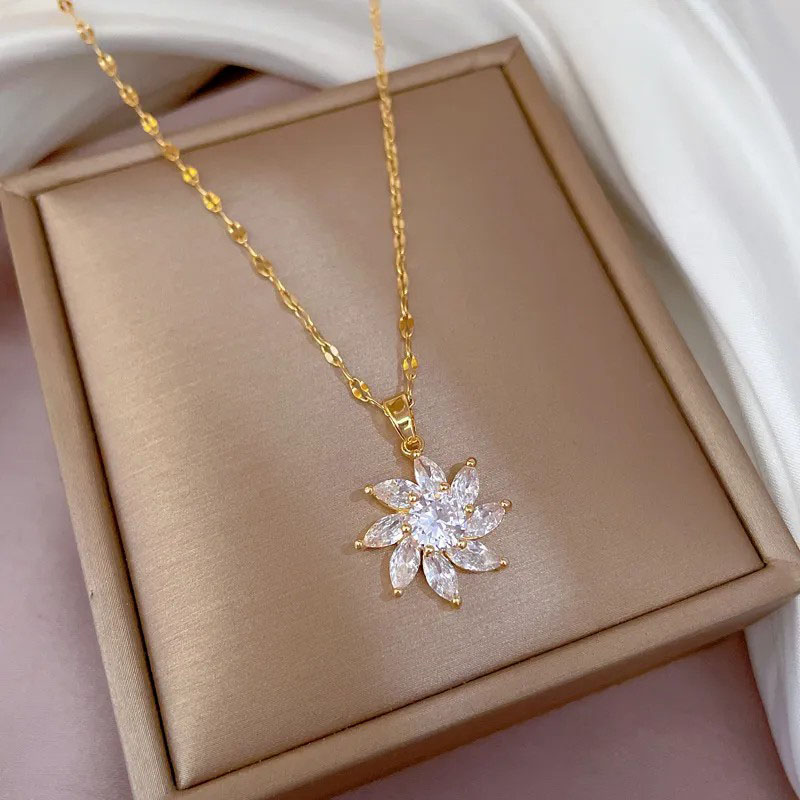 Flower, Zircon Inlaid, Stainless Steel Necklace