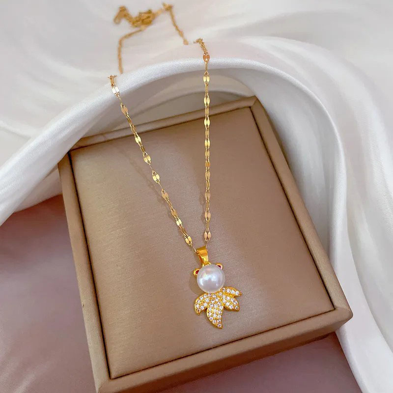 Zircon Inlaid, Fish Pendent, Stainless Steel Necklace
