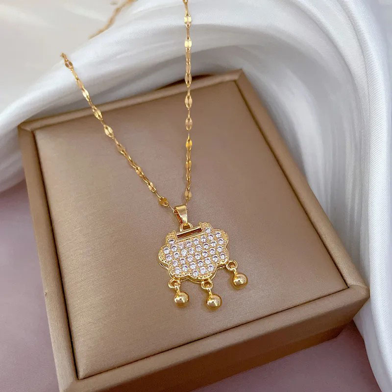 Zircon Longevity Lock Pendant,  Stainless Steel Necklace 